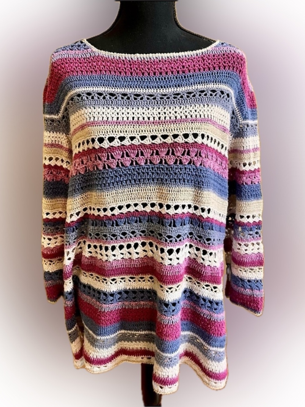 Appleseed’s XL Crochet Knit Tunic Sweater Striped Boho Cottagecore Artsy Crochet